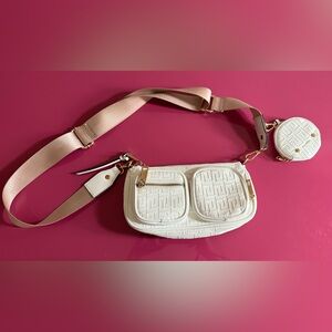 Aldo Cream Quilted Crossbody Belt Bag with Pink Strap